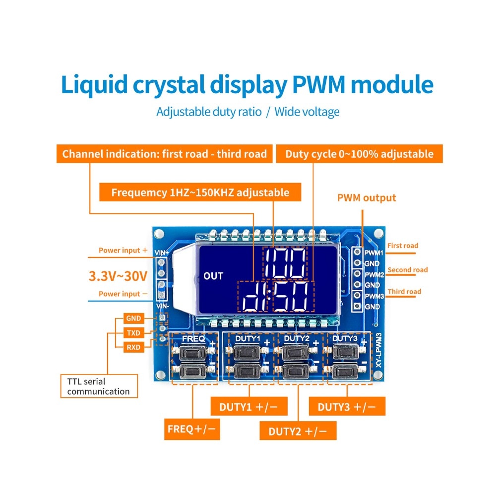 Liquid Crystal Display PWM Module 1Hz-150Khz 3.3V-30V Signal Generator